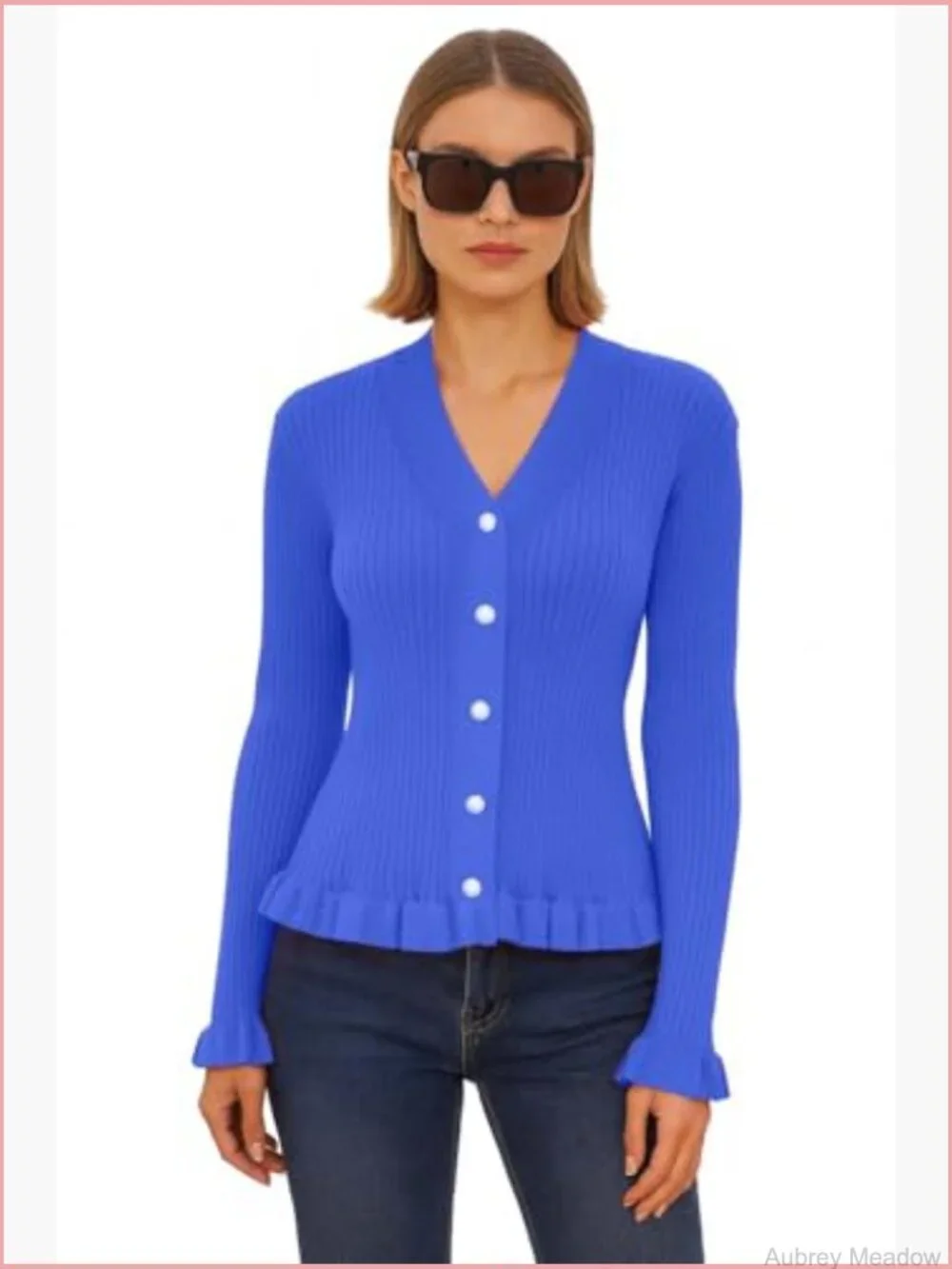 Ruffled Trim Ribbed Knit V-Neck Pearl Button Cardigan - Picture 2 of 7